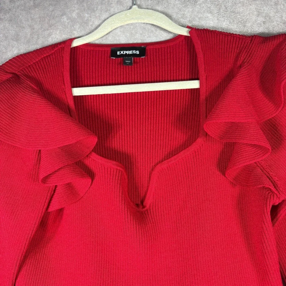 Express Ribbed Sweetheart Neckline Ruffle Peplum Sweater Womens XL Red Ruffle